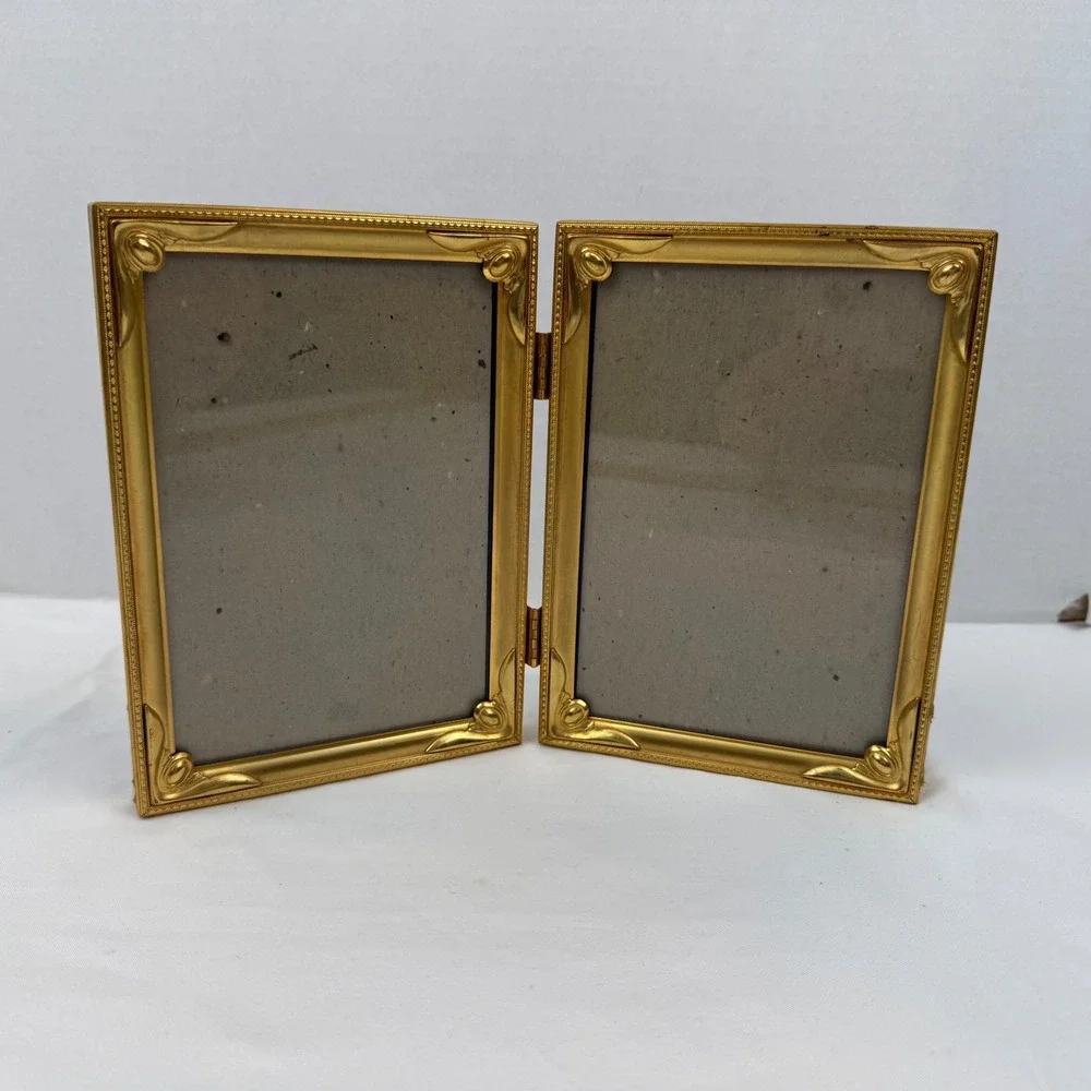 Vintage Gold Tone Metal Double Folding Picture Frame Ornate Bifold 5x7 Portrait